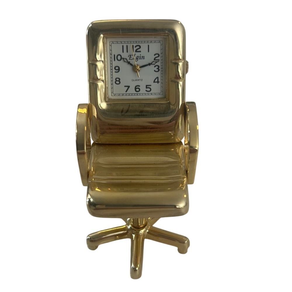 Vintage Elgin‎ Miniature Office Chair Desk Clock Gold Tone Quartz Novelty Collec